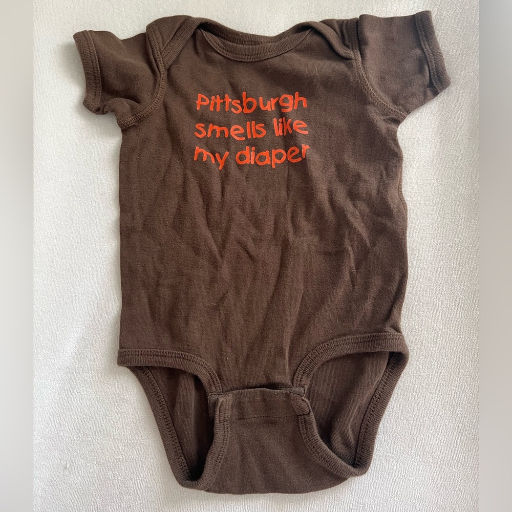 Cleveland Browns Baby Onesie with Orange Text: Pittsburgh smells like my diaper